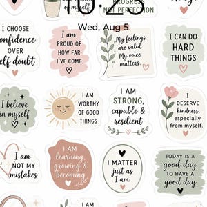 Peut inclure: Une collection d'autocollants de motivation aux couleurs pastel avec des affirmations telles que I am enough, I can do hard things et I matter just as I am. Les motifs incluent des éléments botaniques, des cœurs, des étoiles et des soleils.
