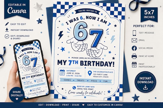 I Was 6 Now I'm 7 Birthday Invitation Template | Editable Canva Invitation | Blue Boy Birthday Invite | Instant Download