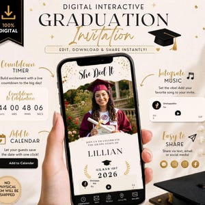 May include: A digital interactive graduation invitation displayed on a smartphone screen. The design features a photo of a graduate in a maroon cap and gown, the text She Did It, and Lillian Class of 2026. Includes countdown timer, music player, and calendar icons.