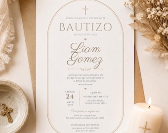 Editable Spanish Baptism Invitation Template | Invitacion para Bautizo I Neutral Beige Minimalist Canva Christening  (Digital Download)