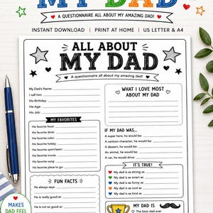 Op de afbeelding: Een printbare Vaderdagvragenlijst getiteld All About My Dad met zwarte tekst en lijnen voor persoonlijke gegevens, favorieten, leuke weetjes en een trofee-afbeelding. Het document bevat secties voor My Favorites, What I Love Most en It's True.