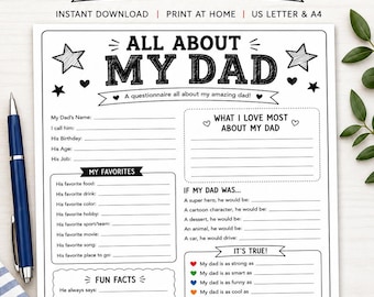 All About My Dad Fillable Worksheet (Instant Download PDF) Father's Day Questionnaire I Dad's Birthday