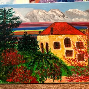 Lebanese Mountain Red Roof Home in Acrylic Paint  Original work, One of a Kind,