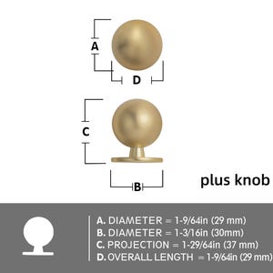 Op de afbeelding: Een diagram van een goudkleurige plusknop. De knop is bolvormig met een platte basis. Het diagram bevat afmetingen: diameter 29 mm, projectie 37 mm en totale lengte 29 mm. De tekst "plus knob" is ook aanwezig.