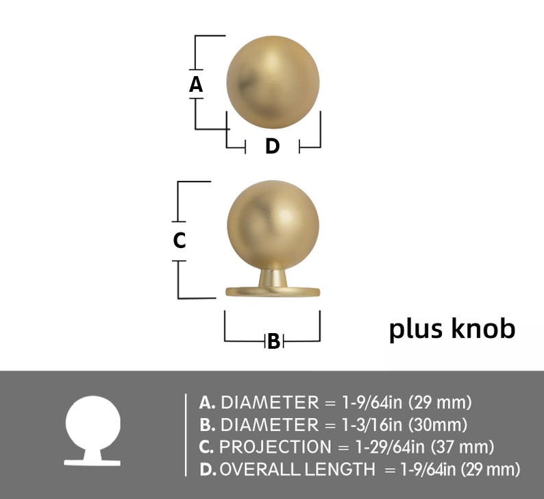 Op de afbeelding: Een diagram van een goudkleurige plusknop. De knop is bolvormig met een platte basis. Het diagram bevat afmetingen: diameter 29 mm, projectie 37 mm en totale lengte 29 mm. De tekst "plus knob" is ook aanwezig.