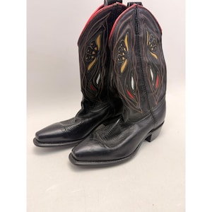 Acme Boot Vintage Black Leather Butterfly Inlay Western Cowboy Boots Pee Wee 8 M