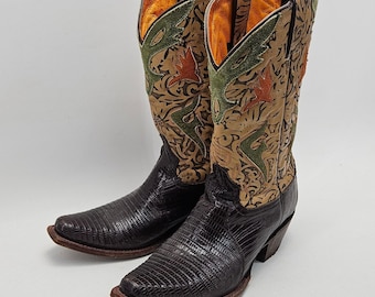 Frye Vintage Lily Lizard Skin Floral Inlay Western Cowboy Boots Brown Tan 10 M