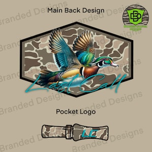 May include: A graphic design featuring a colorful wood duck in flight, set against a camouflage background within a hexagon. The text "Last Call" is in teal script. A pocket logo shows a duck call.