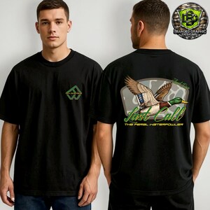 May include: Black short-sleeve t-shirt with a green and white logo on the front and a duck graphic on the back. The back graphic features a flying duck with the words "Last Call" and "The Feral Waterfowler".