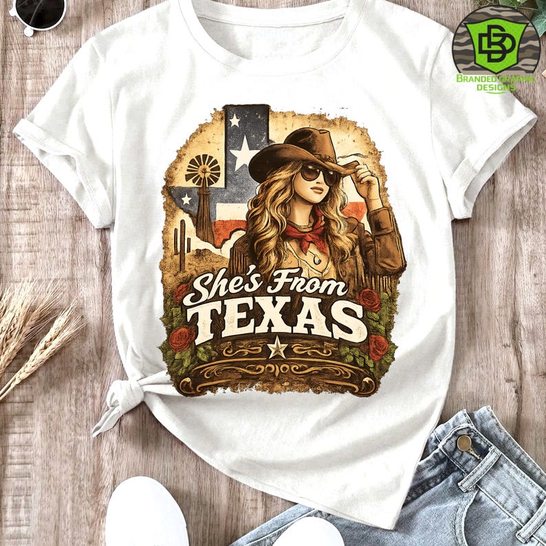 Peut inclure: T-shirt blanc avec un motif d'une femme portant un chapeau de cowboy et le texte "She's From TEXAS". Le design comprend le drapeau du Texas, des roses et un moulin &agrave; vent. Le t-shirt est nou&eacute; &agrave; la taille.