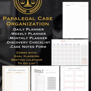 May include: A collection of paralegal case organization templates, including daily, weekly, and monthly planners, a discovery checklist, and a case notes form. The design features a gold scale of justice emblem and the text "Paralegal Case Organization."