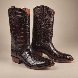 Könnte beinhalten: Ein Paar dunkelbraune Cowboystiefel mit einer strukturierten Krokodilleder-Optik auf dem Schaft und dem Fußbereich. Die Stiefel haben eine spitz zulaufende Zehenpartie, einen geschichteten Holzabsatz und einen hohen Schaft mit seitlichen Zuglaschen.