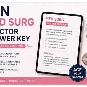 May include: A study guide for LPN Med Surg exams. The image features a tablet displaying a practice question about COPD nursing interventions, a pink stethoscope, and text that reads "ACE YOUR EXAMS!"