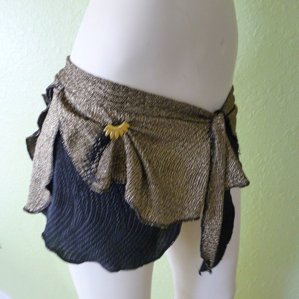 Pixie Skirt Belly Dance Fringe Hip Scarf / Wrap / Skirt Belt / gold and black Exotic & Burlesque Dance upcycled