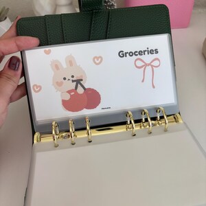 May include: A dark green binder with gold rings, open to reveal a clear pocket labeled "Groceries." The pocket features a cartoon bunny with cherries and hearts. A pink planner is visible in the background.