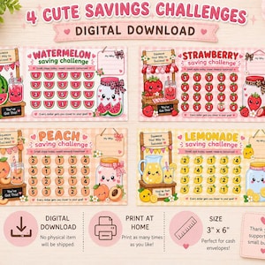 May include: Four cute savings challenges digital download cards. Each card features a different theme: watermelon, strawberry, peach, and lemonade. Each card is 3" x 6" and perfect for cash envelopes.