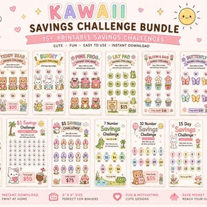 May include: A Kawaii Savings Challenge Bundle with 15+ printable savings challenges. Each challenge features cute illustrations of fish, teddy bears, bunnies, frogs, flowers, butterflies, turtles, capybaras, and more. The bundle includes challenges for £18, £20, £15, £50, and £75.