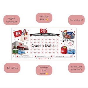 May include: A rectangular BJ's Warehouse Savings Challenge tracker measuring 3x6 inches. It features a grid of circles to color, illustrations of a BJ's store, a shopping cart, a tote bag, and water cases. Text includes 'BJ's', 'Queen Dollar', and 'YOU GOT THIS!'
