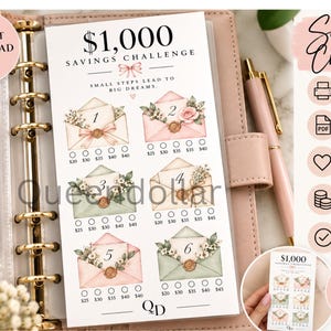 May include: A £1,000 savings challenge tracker insert for a binder, featuring six illustrated envelopes in pastel pink and green with floral accents, numbered one through six, with circles to check off various monetary amounts for each envelope.