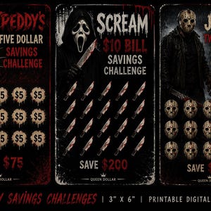 Peut inclure: Trois trackers d'épargne rectangulaires avec des personnages de films d'horreur. Le défi d'épargne Freddy's Five Dollar avec 15 icônes de 5 $, le défi Scream $10 Bill avec 15 icônes de couteaux et le défi Jason's Twenty Dollar avec 15 icônes de masques.