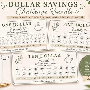 Op de afbeelding: Een Dollar Savings Challenge-bundel met drie rechthoekige kaarten genaamd One Dollar Fund, Five Dollar Fund en Ten Dollar Fund. Elke kaart bevat cirkels voor het bijhouden van besparingen, spaarvarken-iconen en een afmeting van 15,24 cm bij 7,62 cm.