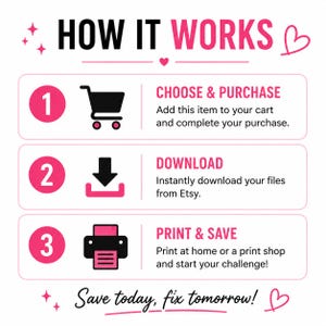 May include: An instructional graphic titled HOW IT WORKS with pink accents and heart icons. It outlines three steps: 1. CHOOSE & PURCHASE, 2. DOWNLOAD, and 3. PRINT & SAVE, featuring icons of a shopping cart, download arrow, and printer. Text reads: Save today, fix tomorrow!