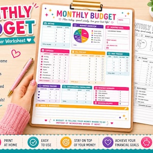 May include: A monthly budget printable planner worksheet on a clipboard with sections for income, expenses, bill tracking, debt, savings, and a budget overview pie chart. The document includes the text Monthly Budget and Plan today, spend wisely.