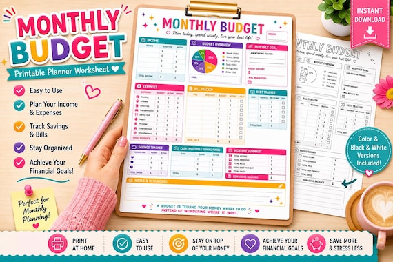 Monthly Budget Planner Printable | Budget Worksheet PDF | Monthly Finance Tracker | Debt Tracker | Savings Tracker | Budget Binder Insert