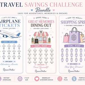 Reisespar-Challenge-Bundle | Flugtickets, Restaurants Einkaufsbummel | Spare 1.000, 200 & 300 | 3x6 Printable Cash Stuffing Cha