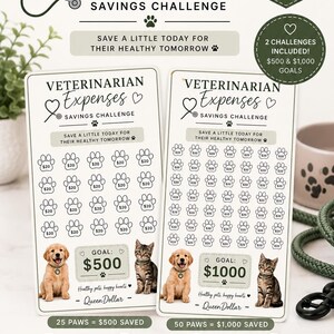 以下が含まれることがあります： Veterinarian Expenses Savings Challengeと書かれた2枚の白い長方形の貯金チャレンジカード。各カードには足跡のアイコンの列、子犬と子猫の画像、500と1000の目標金額が記載されています。カードのサイズは7.6cm x 15.2cmです。
