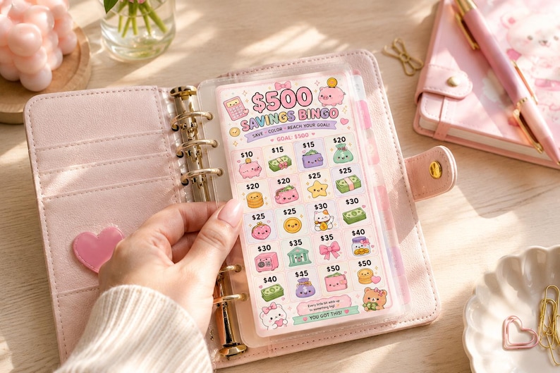 Puede incluir: Un juego de bingo de ahorro rosa con ilustraciones bonitas y el texto "$500 Savings Bingo". La tarjeta se sostiene en una carpeta rosa con detalles dorados. Un cuaderno y un bol&iacute;grafo rosas son visibles en el fondo.