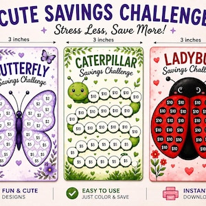 Butterfly Caterpillar & Ladybug Savings Challenge Bundle | 3x6 Printable Savings Challenges | Kids Savings Tracker | Cash Envelope Challenge