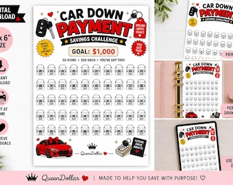 May include: A Car Down Payment Savings Challenge tracker sheet featuring the text CAR DOWN PAYMENT SAVINGS CHALLENGE, a $1,000 goal, and 50 car icons each labeled $20. The design includes a red car, car keys, and a stack of cash illustrations.