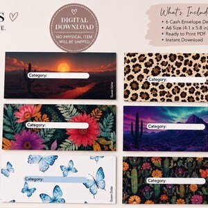 May include: Digital download of six cash envelope designs. Each envelope features a unique design, including a sunset landscape, leopard print, floral patterns, and butterfly illustrations. The envelopes are A6 size (10.4 x 14.7 cm) and ready to print.