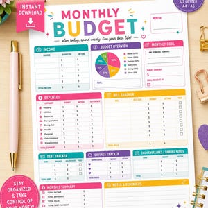 May include: A colorful monthly budget printable planner worksheet featuring sections for income, expenses, bill tracking, debt, savings, and monthly summaries. The document includes text headers like Monthly Budget, Plan Today, Spend Wisely, Live Your Best Life, and various financial categories with blank fields for manual entry.