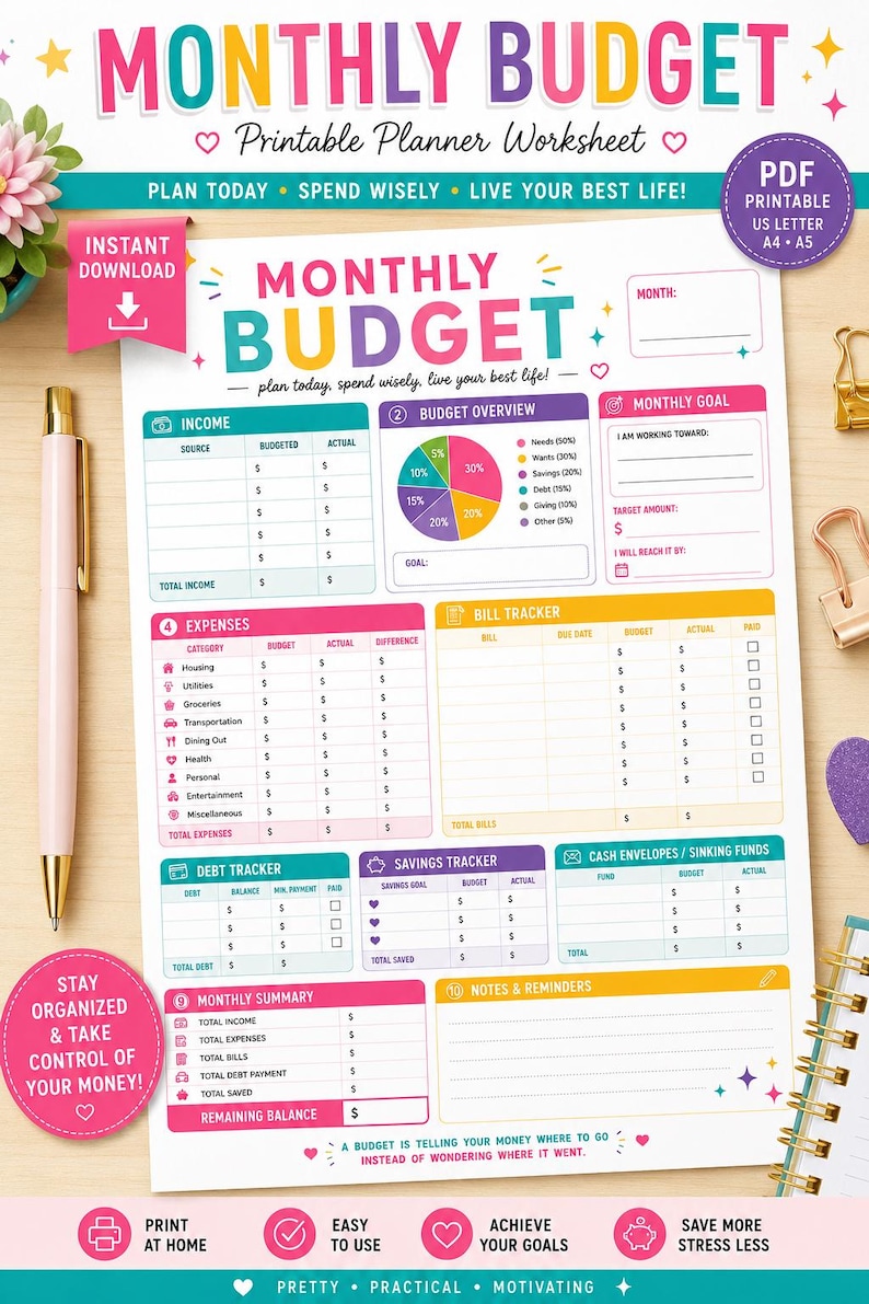 May include: A colorful monthly budget printable planner worksheet featuring sections for income, expenses, bill tracking, debt, savings, and monthly summaries. The document includes text headers like Monthly Budget, Plan Today, Spend Wisely, Live Your Best Life, and various financial categories with blank fields for manual entry.