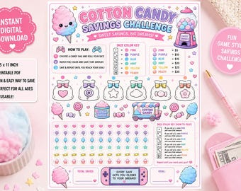 Cotton Candy Savings Challenge Printable PDF | Dice Savings Game | Cute Budget Challenge Tracker | Cash Stuffing Printable | 8.5x11 Download