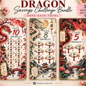 Peut inclure: Un ensemble de défis d'épargne Dragon comprenant trois trackers rectangulaires avec des illustrations de dragons rouges et dorés, des fleurs de cerisier et des pagodes. Chaque tracker inclut du texte comme Save 10, 8 et 5 pour des billets de 7,62 cm sur 15,24 cm.