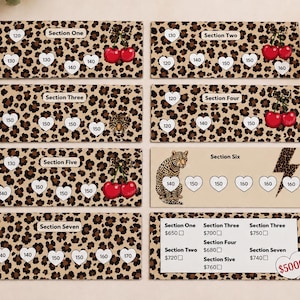 May include: A collection of leopard print savings challenges with various sections, heart-shaped icons, and cherry illustrations. The cards feature text like "Section One" and dollar amounts, with a $5000 goal.