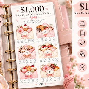 May include: A £1,000 Savings Challenge tracker insert for a 3-inch by 6-inch binder. The white card features six pink envelopes filled with illustrated pastries, numbered 1 through 6, with five savings circles below each envelope.
