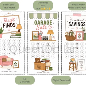 May include: A digital download set of three savings trackers featuring illustrations of thrifted items, books, and furniture. Each tracker includes numbered circles for tracking progress, with text reading Thrift Finds, Garage Sale, and Secondhand Savings.