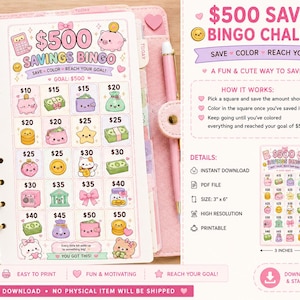 Puede incluir: Un bingo de ahorro rosa imprimible con un objetivo de $500. La tarjeta de bingo presenta ilustraciones lindas de bolsas de dinero, monedas y otras im&aacute;genes relacionadas con el ahorro. La tarjeta mide 7.6 x 15.2 cm.