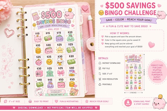 Cute 500 Savings Bingo Challenge Printable PDF | Cash Envelope Savings Tracker | Budget Planner Insert | Kawaii Budget Printable