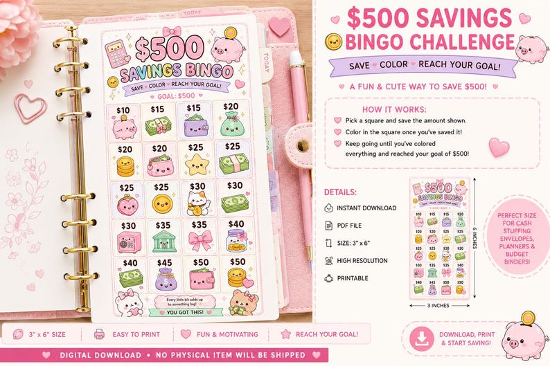 Puede incluir: Un bingo de ahorro rosa imprimible con un objetivo de $500. La tarjeta de bingo presenta ilustraciones lindas de bolsas de dinero, monedas y otras im&aacute;genes relacionadas con el ahorro. La tarjeta mide 7.6 x 15.2 cm.