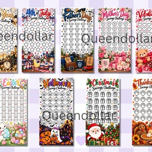 Op de afbeelding: Een set van negen rechthoekige spaarchallenge-trackers met seizoenthema's zoals Nieuwjaar, 4 juli, Vaderdag, Moederdag, Valentijnsdag, Pasen, Halloween, Kerstmis en Thanksgiving, elk voorzien van iconen die ingekleurd kunnen worden.