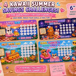 Utskrivbart sommarsparutmaningspaket | Kawaii Cash Stuffing-utmaningar | Sjödag, fyrverkerikväll, varmkorvdag och goda stämningar | 6x3-bindning