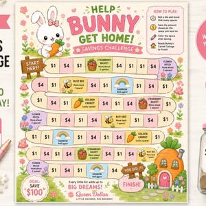 Bunny Get Home Savings Challenge Printable | Save 100 Challenge | Budget Binder Game | Cash Envelope insert & Dashboard