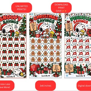 Puede incluir: Tres rastreadores de ahorro verticales con temática navideña que presentan a Snoopy, Woodstock y Charlie Brown. Cada hoja muestra ilustraciones festivas, texto navideño y filas de cajas de regalo, hombres de jengibre o calcetines.
