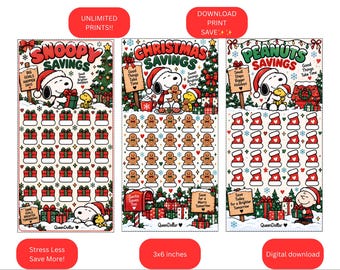 Puede incluir: Tres rastreadores de ahorro verticales con temática navideña que presentan a Snoopy, Woodstock y Charlie Brown. Cada hoja muestra ilustraciones festivas, texto navideño y filas de cajas de regalo, hombres de jengibre o calcetines.