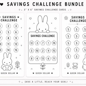 May include: A set of three white rectangular savings challenge cards measuring 7.62 cm by 15.24 cm. Each card features black line art of rabbits, flowers, and numbered circles or flower shapes for tracking financial goals, labelled Savings Challenge.